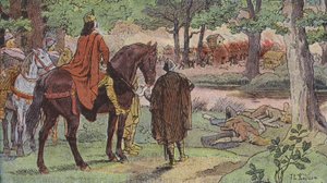 Nagy Károly hadserege felgyújt egy német falut és lemészárolja a lakosságot (színes litho)