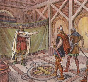 Chlothar I. látja a bérgyilkosok lábát, akiket testvére, Theuderic rendelt meg, hogy öljék meg (színes litó)