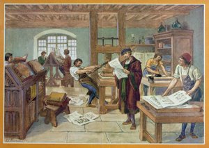Gutenberg találmánya a mozgatható típusú nyomtatásra, illusztráció A. Aymard „A francia történelem első könyvéből”, kiadó: Hachette