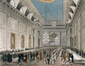 A körmenet a szabadkőművesek termében, a Queen Street-ben, az éves vacsora alkalmából a fiatal lányok számára, a Rend segítségével, Ackermann „London mikrokozmoszából” (színes litográfia)