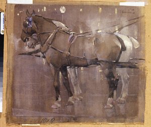 Cab Horses by Gaslight (akvarell és testfesték vászonra) alkotó: Joseph Crawhall