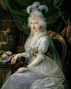 Német: Nápoly-szicíliai Marie Luise (Ludovica) (1773-1802), III. Ferdinánd toszkánai király felesége, asztalnál ül, térdig érő portré: Luisa Maria Amelia Teresa nápoly-szicíliai és szicíliai hercegnő (1773-1802), Nápoly és Szicília nagyhercegnője, hitvese. alkotó: Joseph Dorffmeister