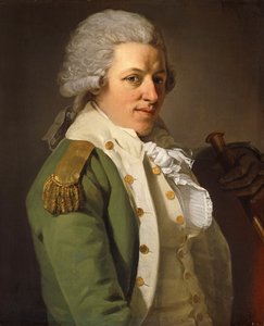 A művész félhosszú portréja zöld kabátot visel és botot tart, alkotó: Joseph Ducreux