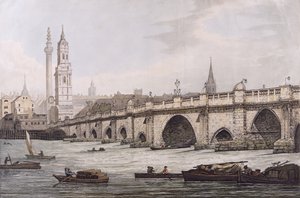 Kilátás a London Bridge-re, beleértve a Szent Mágus-templomot és az emlékművet, J.C. Stadler metszetét