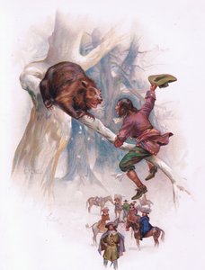 Elkezdett ugrálni és rázni az ágat, mire a medve tántorogni kezdett (színes litográfia).