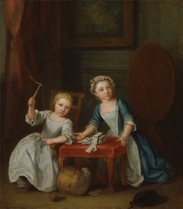 A Nollekens család két gyermeke, valószínűleg Jacobus és Maria Sophia, játszik a felsővel és kártyázik, 1745