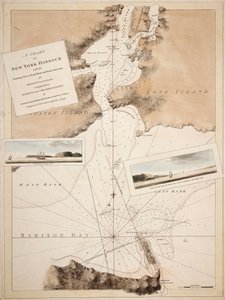 A New York-i kikötő térképe a földjelzések és a révkalauzoláshoz szükséges tengeri irányok térképével. John Knight hadnagy, John Hunter haditengerész és mások felmérései és megfigyelései alapján készült. alkotó: Joseph Frederick Wallet DesBarres