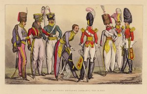 Angol katonai egyenruhák (lovasság) 1821 és 1822 (színes metszet)
