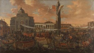 Olasz: Federico pátriárka bejárata a San Pietro di Castello sarokban
Németül: Einzug des Patriarchen Federico Corner in San Pietro Castello