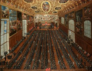 A Sala Maggior Consiglio, a velencei Dózse-palota belseje, a patríciusok szavaznak az új elöljárók megválasztásáról szóló bulletinről.
