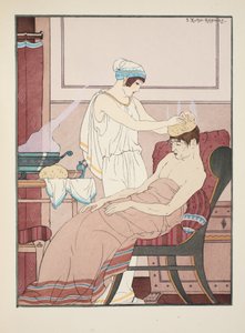 Forró vízzel átitatott szivacsot helyeznek a fejre, illusztráció a Hippokratész műveiből, 1934 alkotó: Joseph Kuhn Regnier