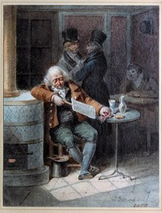 A Közlöny olvasása””: öregember aludt egy kávézóban, és a „The Gazette” újságot olvasta 1824-ben. Joseph Louis Hippolyte Bellange litográfiája (1800-1866) 1824 Párizs, Musee Carnavalet alkotó: Joseph Louis Hippolyte Bellange