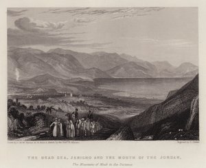 Holt-tenger, Jerikó és a Jordán torkolata, Moáb hegyei a távolban (színes litho)