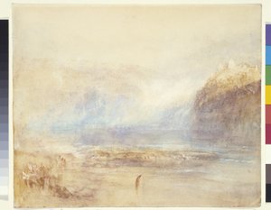 Rajna vízesése Schaffhausenben – Távoli kilátás (akvarell, toll és piros tinta szürke mosáson fehér papíron) alkotó: Joseph Mallord William Turner