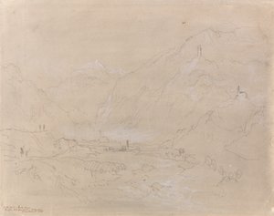 Hegyvidéki táj várossal a völgyben, 1840 körül (grafit és szürke mosás papíron) alkotó: Joseph Mallord William Turner