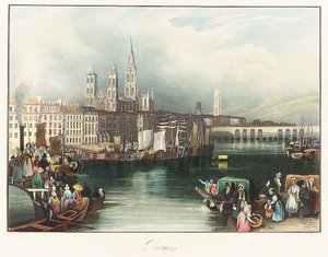 Rouen (Franciaország). Joseph Mallord William Turner (1775-1851) litográfiája (33x46,9 cm). alkotó: Joseph Mallord William Turner