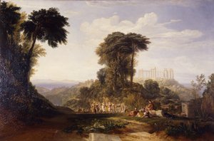 View of the Temple of Jupiter Panellenius, in the Island of Aegina, with the Greek National Dance of the Romaika: the Acropolis of Athens in the distance alkotó: Joseph Mallord William Turner