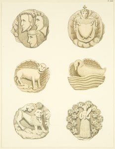 Lágyék kövek (főnökök) a Redcliffe templom mennyezetén (akvarell papíron) alkotó: Joseph Manning