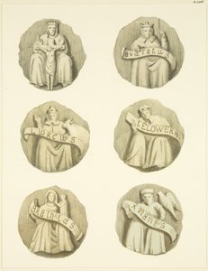 Lágyékkövek (főnökök) a Redcliffe templom mennyezetén (akvarell papíron) alkotó: Joseph Manning