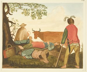 Guy, Warwick grófja és a Duna tehén, eredeti olajfestmény másolatai (akvarell papíron) alkotó: Joseph Manning