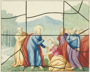 Ólomüveg a Szent Márk-templomban - Krisztus és Mária Magdolna (akvarell papíron) alkotó: Joseph Manning
