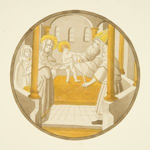 Ólomüveg a püspöki palota privát kápolnájának ablakában: Bemutató a templomban (akvarell papíron) alkotó: Joseph Manning