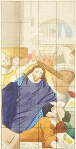 Ólomüveg ablak a bristoli katedrális déli folyosójának keleti végén, amely a vevőket és az eladókat mutatja a templomban (akvarell papíron) alkotó: Joseph Manning