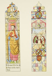 Két ólomüveg ablak, amelyek a Szent Márk oltár ablakát alkotják, az egyik Szent Tamás (akvarell, papír) alkotó: Joseph Manning