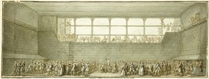 A teniszpálya esküje, 1789 körül (fekete kréta, toll és barna tinta szürke mosással) alkotó: Joseph Marie Flouest