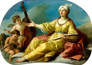 A zene megszemélyesítése, éneklés Puttival, aki hegedül és furulyázik, 1758