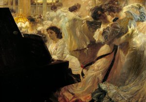 Belle epoque: „Fehér bál” Fehér ruhába öltözött fiatal nők estje, táncolnak és zongoráznak Joseph Marius Avy (1871-1939) 1903.