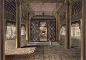 Egy katona áll egy rangooni templomban, metszet: George Hunt, 1825 (színes aquatinta)