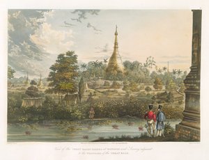 A Rangoon-i Nagy Dagon pagoda nyugati nézete, Henry Pyall (1795-1833) metszete 1825-26