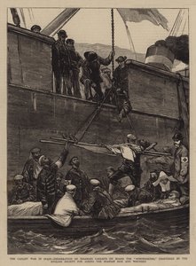 A karlista háború Spanyolországban, rokkant karlisták beszállása a Somorrostro fedélzetére, amelyet az angol társaság bérelt a spanyol betegek és sebesültek megsegítésére.