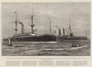 Az új vashajók, a HMS Royal Sovereign és a HMS Royal Arthur, amelyeket csütörtökön bocsátott vízre a királynő Portsmouthban.