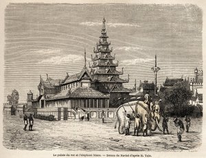 Ava királyának palotája Amarapourában (a mai Burma), Navlet rajza a bengáli dzsinn testének, Henri Yule kapitány Ava királyságába vezető 1855-ös utazásának szemléltetésére. Metszet a „” Le tour du monde, nouveau Journal des voya” nyelven