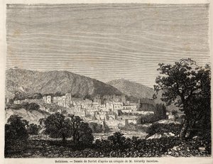 Betlehem látképe, Joseph Navlet (1821-1889) rajza Bida úr 1856-os palesztinai útjának illusztrálására. Metszet a „” Le tour du monde, nouveau Journal des voyages”” Párizsban