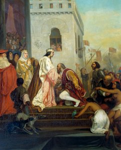 Kolumbusz Kristóf (1451-1506) spanyol királyok fogadása II. Aragóniai Ferdinánd és I. Kasztíliai Izabella (katolikusnak nevezett) királyai 1493-ban Barcelonában A felfedező fogságba esett indiánokkal tér vissza. Részlet. Joseph Nicolas Robert Fleury festmé