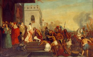 Kolumbusz Kristóf (1451-1506) spanyol királyok fogadása II. Aragóniai Ferdinánd és I. Kasztíliai Izabella (katolikusnak nevezett) királyai 1493-ban Barcelonában A felfedező fogságba esett indiánokkal tér vissza. Joseph Nicolas Robert Fleury (1797-1890) fes
