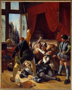 Vallásháború: „” Scene de la Saint Barthelemy, Briou, Conti hercegének kormányzója elleni merénylet, 1572. 08. 24.”” Joseph Nicolas Robert Fleury (1797-1890) festménye 1833 V. 1,64x1,3 m