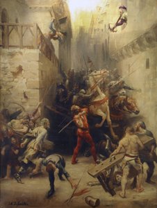 Beziers zsákja 1209-ben: Beziers lakói megpróbálják megakadályozni, hogy a francia hadsereg katonái bejussanak a városba alkotó: Joseph-Noel Sylvestre