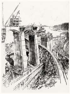 A Gatun-zsilip megközelítése, VI. tábla a Panama-csatornából, Joseph Pennell, 1912 (szén papíron) alkotó: Joseph Pennell