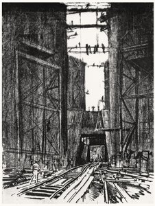 A Gatun-zsilip alján, a Panama-csatorna IV. táblája, Joseph Pennell, 1912 (faszén papíron) alkotó: Joseph Pennell