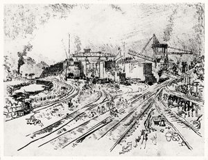 Miraflores zsilip épülete, XXI. tábla a Panama-csatornából, Joseph Pennell, 1912 (szén papíron) alkotó: Joseph Pennell