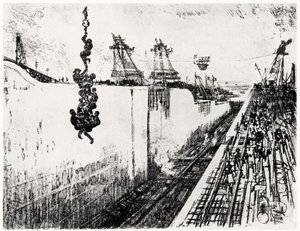 Vacsoraidő Gatunban, III. tányér a Panama-csatornából, Joseph Pennell, 1912 (szén papíron) alkotó: Joseph Pennell