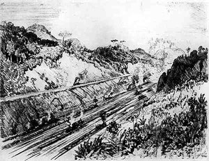 In the Cut at Las Cascades, XII. tábla a Panama-csatornából, Joseph Pennell, 1912 (szén papíron)