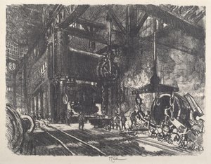 Brobdingnag földjén, a páncéllemezhajlító présgép, 1917. alkotó: Joseph Pennell