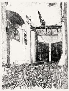 A padló lerakása: Pedro Miguel Lock, XVIII. tábla a Panama-csatornából, Joseph Pennell, 1912. február 14. (szén) alkotó: Joseph Pennell