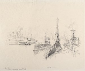 Tengeralattjárók Portban, 1917. alkotó: Joseph Pennell
