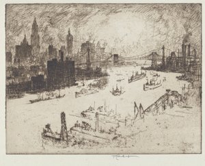 Naplemente a Williamsburg hídról alkotó: Joseph Pennell